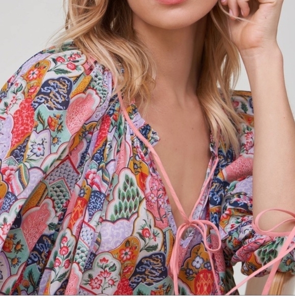 Anthropologie Tops - RHODE Resort Abstract Patterned Multi Color Tie Collar Bohemian Patchwork Top